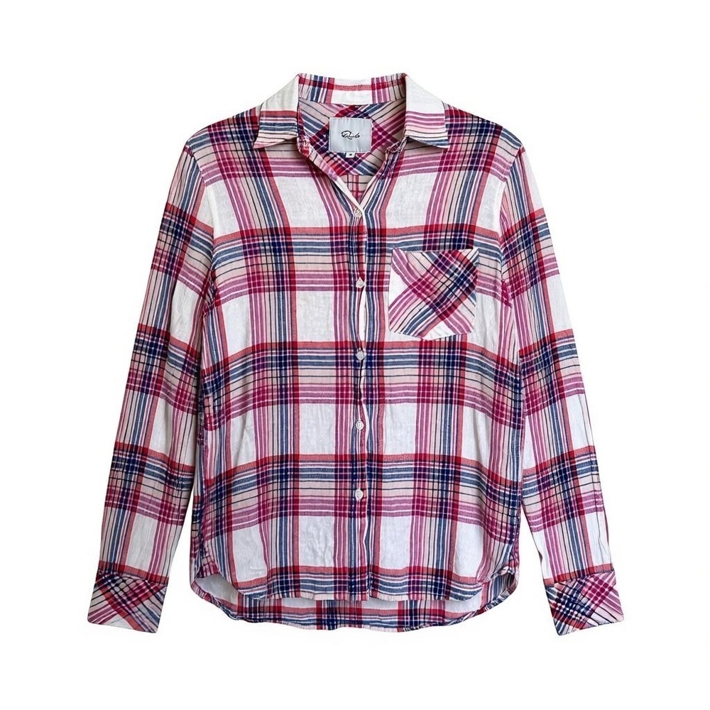 Rails Charli White Peach Fuschia Button Up Top Size XS Plaid Americana Cabincore
